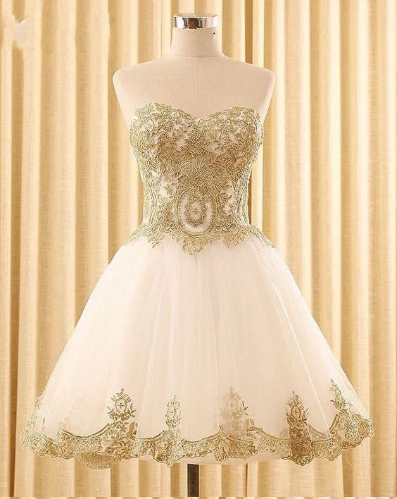 Sweetheart Gold Lace White Tulle Short Cheap Homecoming Dresses Online, BDY0351