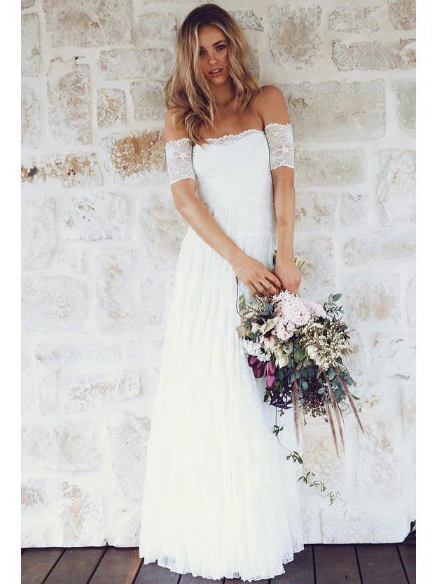 Off Shoulder Casual Cheap Ivory Lace Wedding Dresses Online, WDY0230