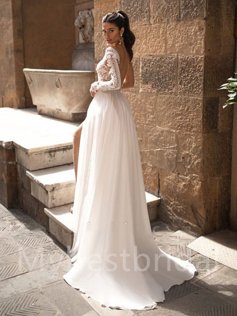 Sexy V-neck Long sleeves Side slit A-line Lace applique Wedding Dresses,WDY0315