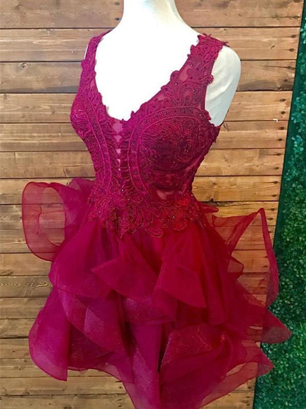 V Neck Burgundy Lace Short Cheap Homecoming Dresses Online, BDY0352