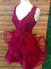 V Neck Burgundy Lace Short Cheap Homecoming Dresses Online, BDY0352