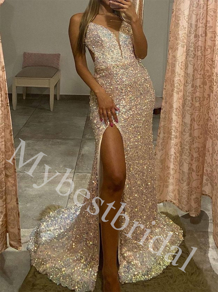 Sexy V-neck Sleeveless Side slit Sheath Long Prom Dress,PDS1082