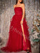 Red Elegant Strapless Sleeveless Side slit A-line Prom Dresses,PDS0836