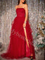 Red Elegant Strapless Sleeveless Side slit A-line Prom Dresses,PDS0836
