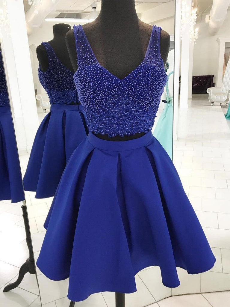 V Neck Beaded Royal Blue Two Piece Homecoming Dresses 2018, BDY0314