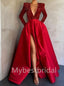 Elegant V-neck Long sleeves Side slit A-line Prom Dresses , PDS0424