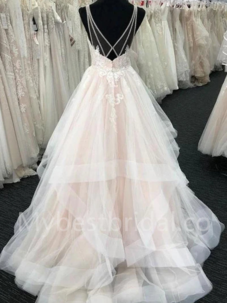 Elegant V-neck Sleeveless A-line lace applique Wedding Dresses, WDY0283