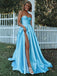 Popular Straight Side Slit A-line Satin Long Prom Dresses, PDS0151