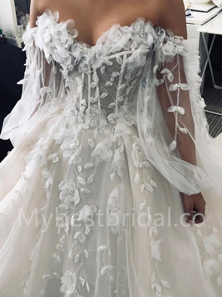 Elegant Sweetheart Off shoulder  A-line lace applique Wedding Dresses, WDY0280