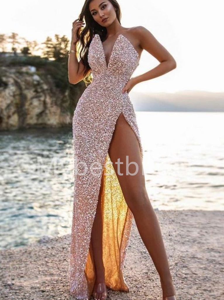 Elegant V-neck Side slit Mermaid Prom Dresses, PDS0503