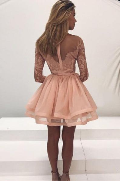 Stunning Lace Long Sleeves Illusion Short Cheap Homecoming Dresses 2018, BDY0293