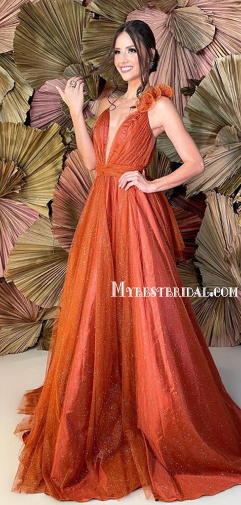 Simple V-neck A-line Tulle Spaghetti Straps Long Prom Dresses Online, PDS0216