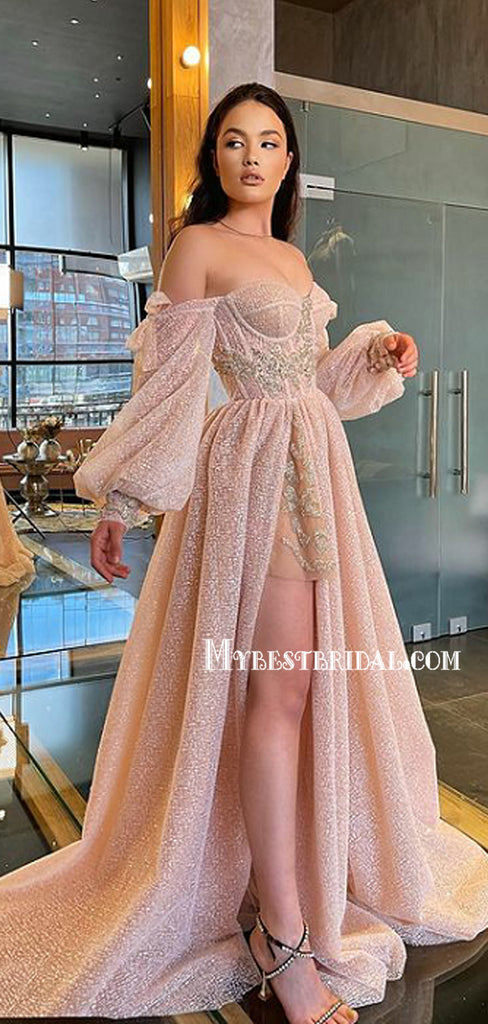 Sexy Sweetheart Side Slit A-line Sequin Long Prom Dresses, PDS0152