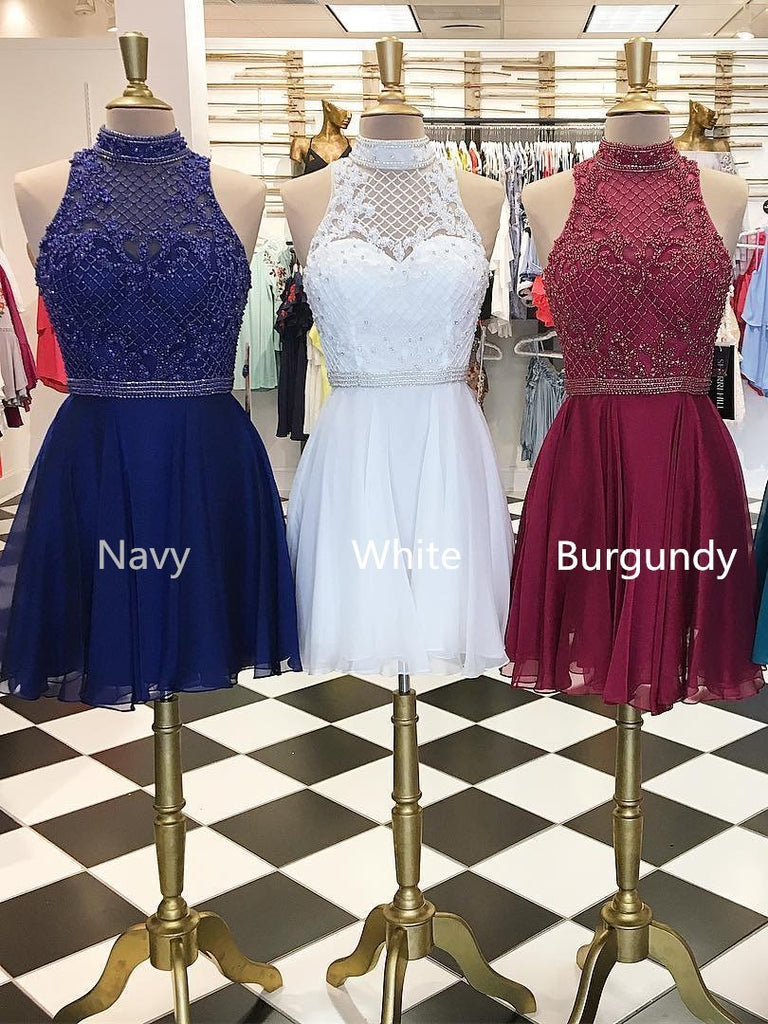 Halter Lace Beaded Cute Short Homecoming Dresses 2018, BDY0309