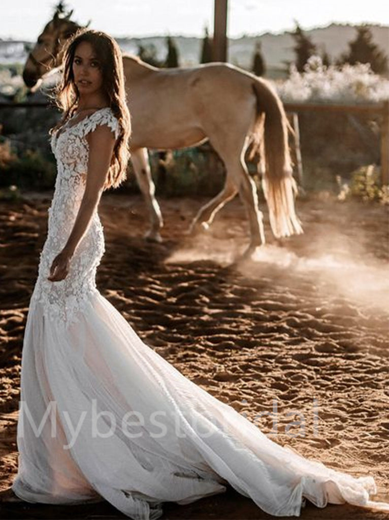 Simple V-neck Mermaid Lace applique Wedding Dresses, WDY0255
