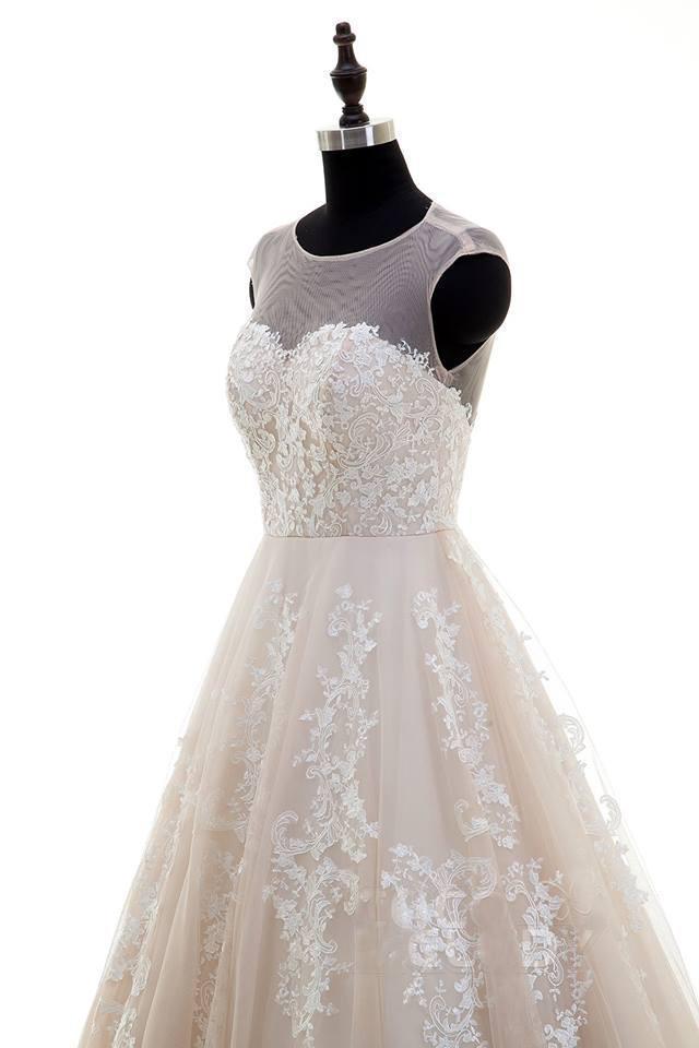 Sexy Open Back Illusion Lace Tulle A-line Wedding Dresses Online, WDY0237