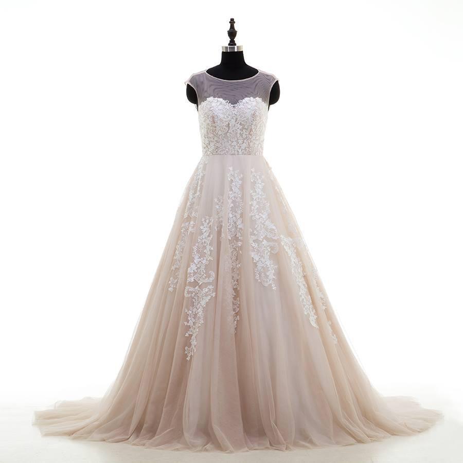 Sexy Open Back Illusion Lace Tulle A-line Wedding Dresses Online, WDY0237