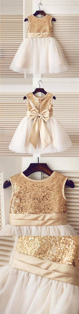 Gold Sequin Simple Cutest  Cheap Soft Pretty Flower Girl Dresses With Bow, FGY0121