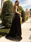 Gorgeous V-neck A-line Tulle Appliques Black Long Prom Dresses PDS0310