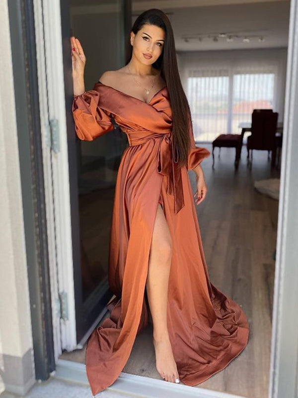 New Arrival Off-shoulder Side Slit A-line Long Prom Dresses Online, PDS0172