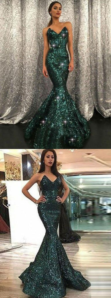 Sparkly V Neck Green Sequin Mermaid Long Prom Dress,Evening Party Dresses,PDY0162