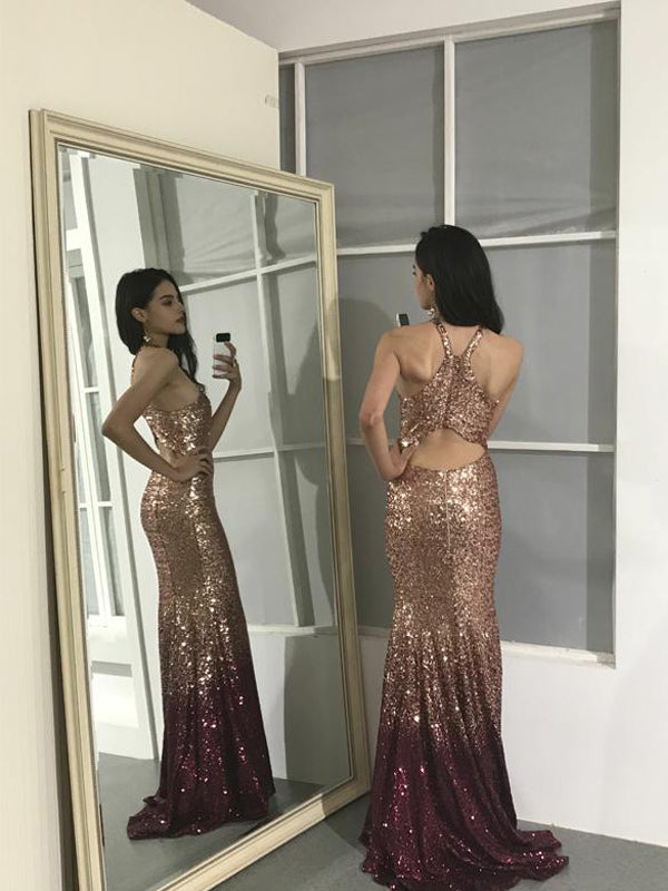 Mermaid Halter Sweep Train Sequin Prom Dresses,Cheap Prom Dresses,PDY0645