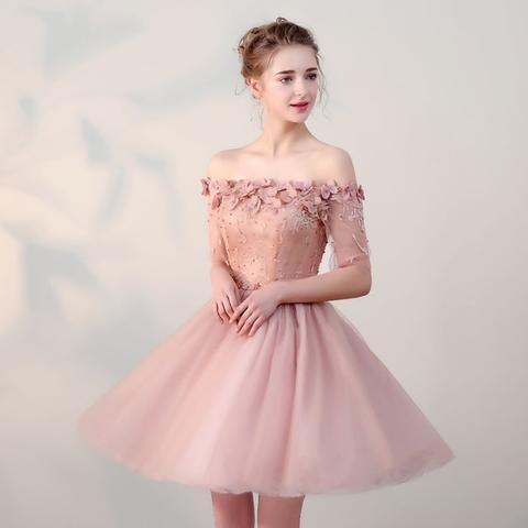 Dusty Pink Off Shoulder Short Sleeves Cheap Homecoming Dresses 2018, BDY0292