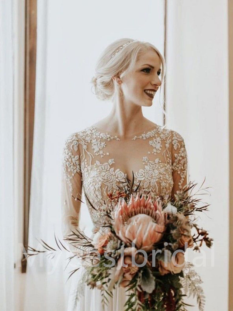 Elegant Sweetheart Long sleeves A-line Lace applique Wedding Dresses,WDY0324
