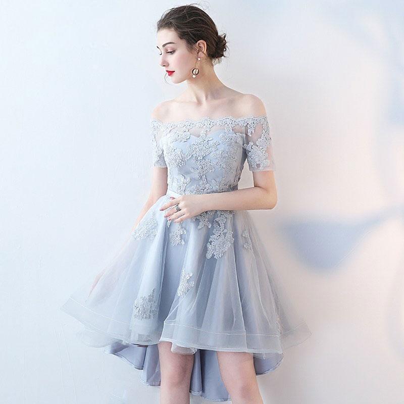 Short Sleeve Off Shoulder High How Dusty Blue Cheap Homecoming Dresses 2018, BDY0362
