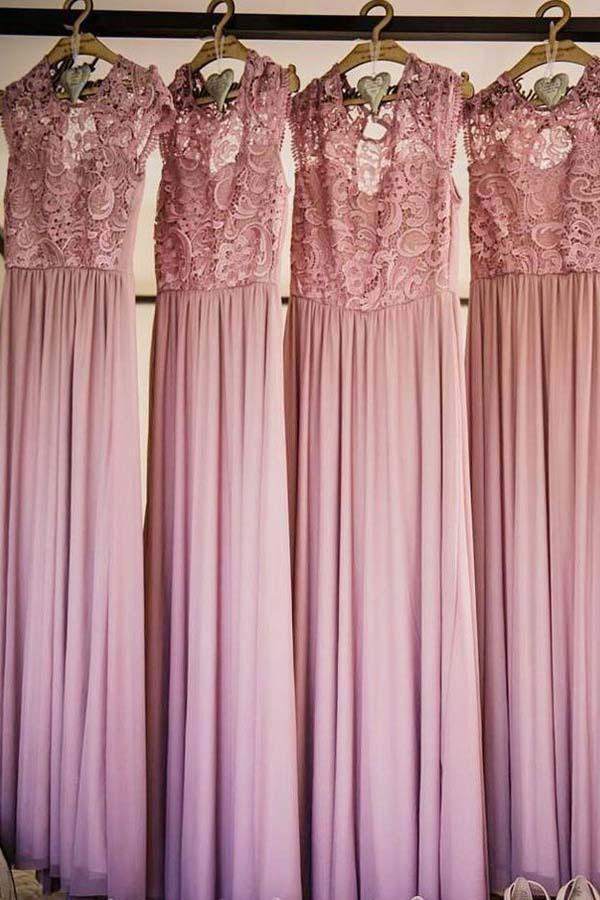 Cap Sleeve Illusion Lace Pink Long Cheap Bridesmaid Dresses Online, WGY0239