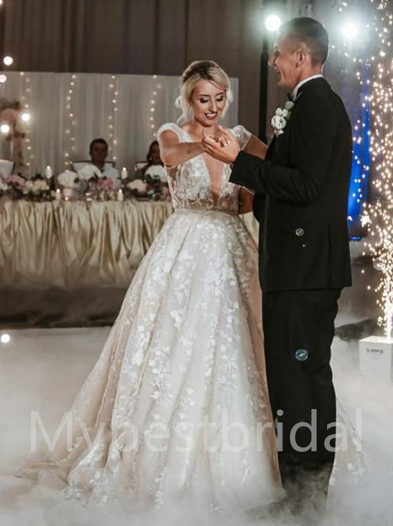 Sexy V-neck Cap-sleeves A-line Lace applique Wedding Dresses,WDY0318