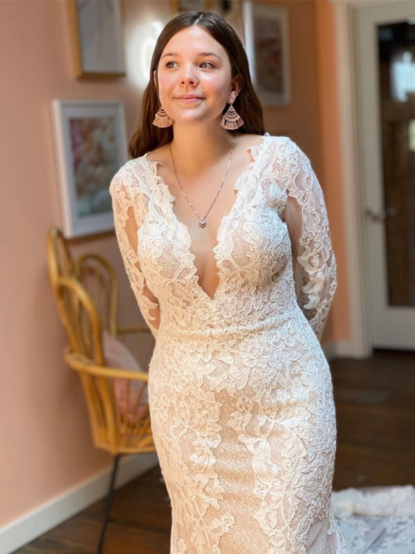 Elegant V-neck Lace Applique Long Sleeves Mermaid Long Wedding Dresses, WDS0062
