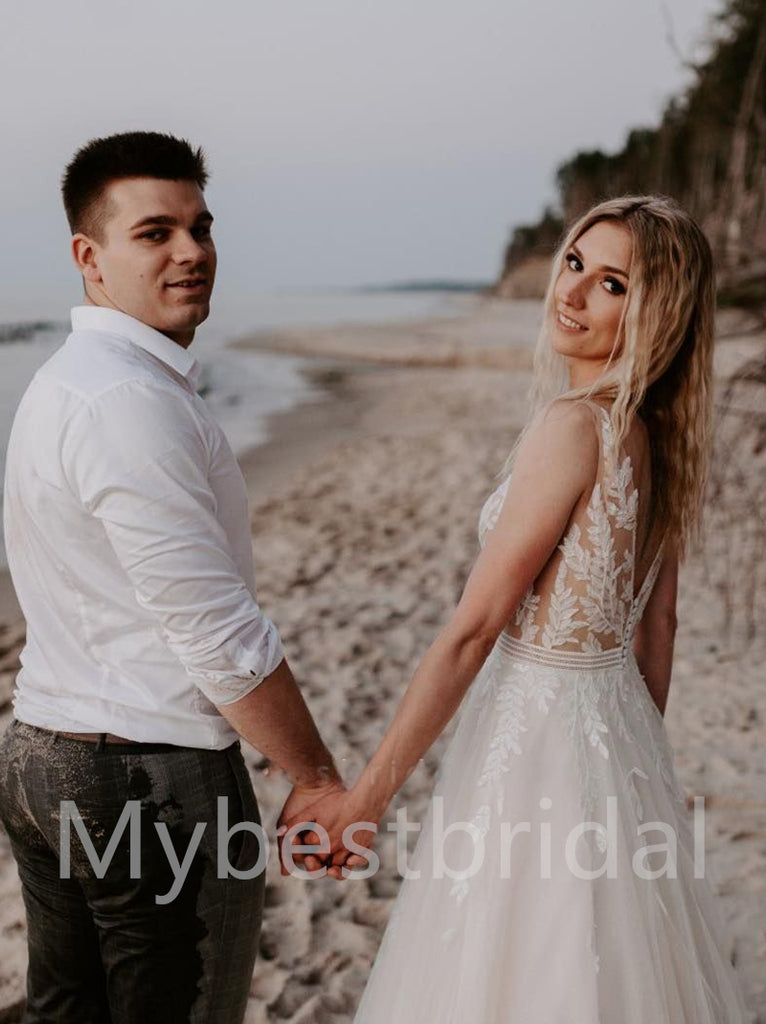 Sexy V-neck Spaghetti straps A-line Lace applique Wedding Dresses,WDY0316