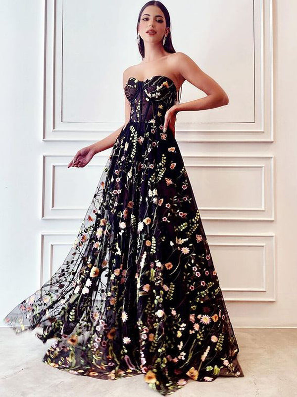 Lovely Straight A-line Tulle Appliques Simple Long Prom Dresses, PDS0237