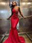 New Arrival One-shoulder Mermaid Satin Red Long Prom Dresses Online, PDS0217