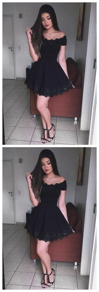 Off Shoulder Black Lace Simple Cheap Short Homecoming Dresses 2018, Little Black Dress, BDY0290