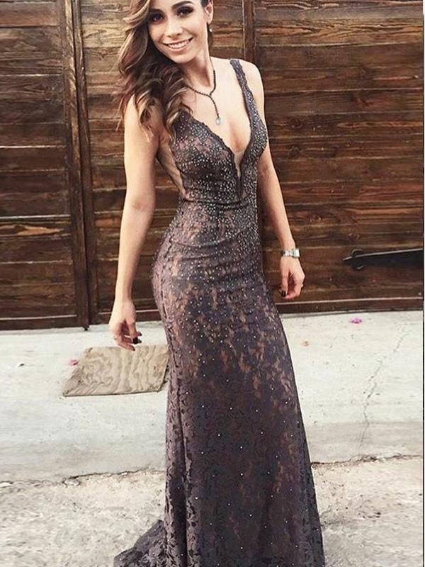 Mermaid V-neck Black Lace Evening Dresses ,Cheap Prom Dresses,PDY0605