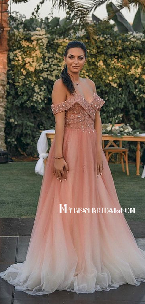 Sexy Off-shoulder A-line Tulle Long Prom Dresses, PDS0184