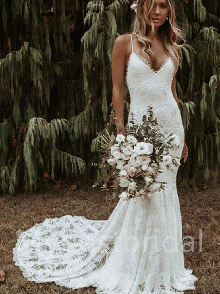 Sexy Spaghetti straps V-neck Mermaid Lace applique Wedding Dresses,WDY0308