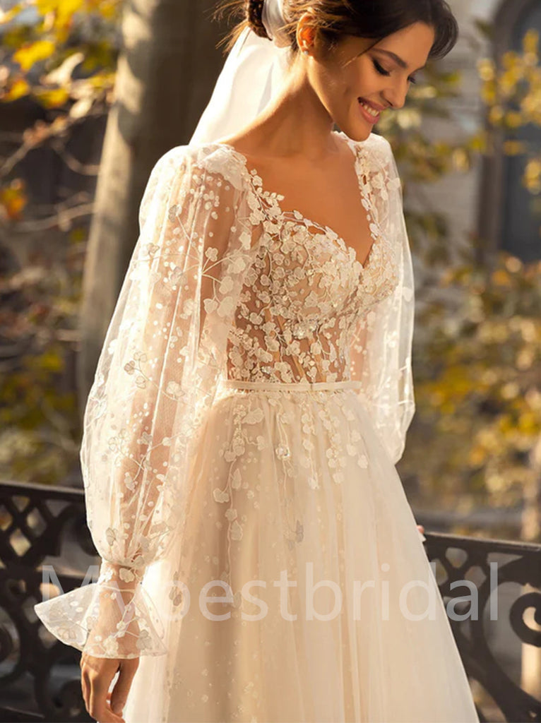 Elegant V-neck Long sleeves A-line Lace applique Wedding Dresses, WDY0303