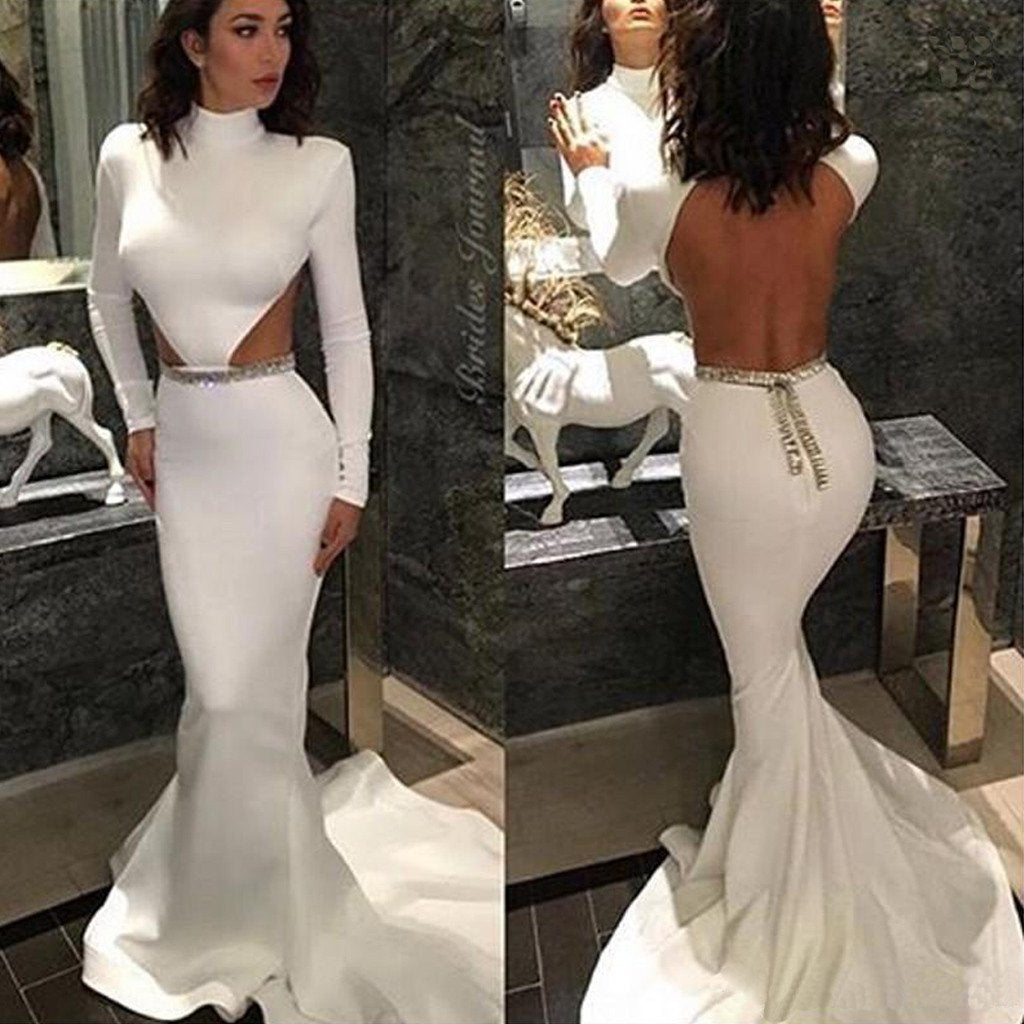 High Neck Simple Design Long Sleeve Backless Rhinestone Belt Mermaid Prom Dresses, BG0082