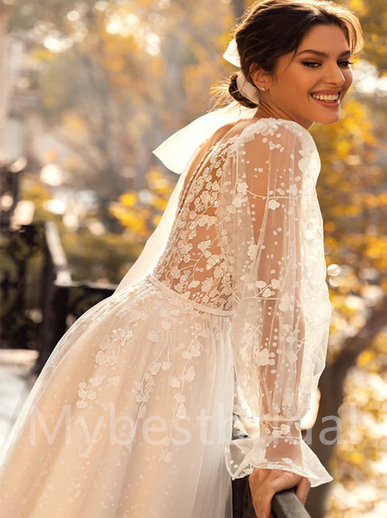 Elegant V-neck Long sleeves A-line Lace applique Wedding Dresses, WDY0303