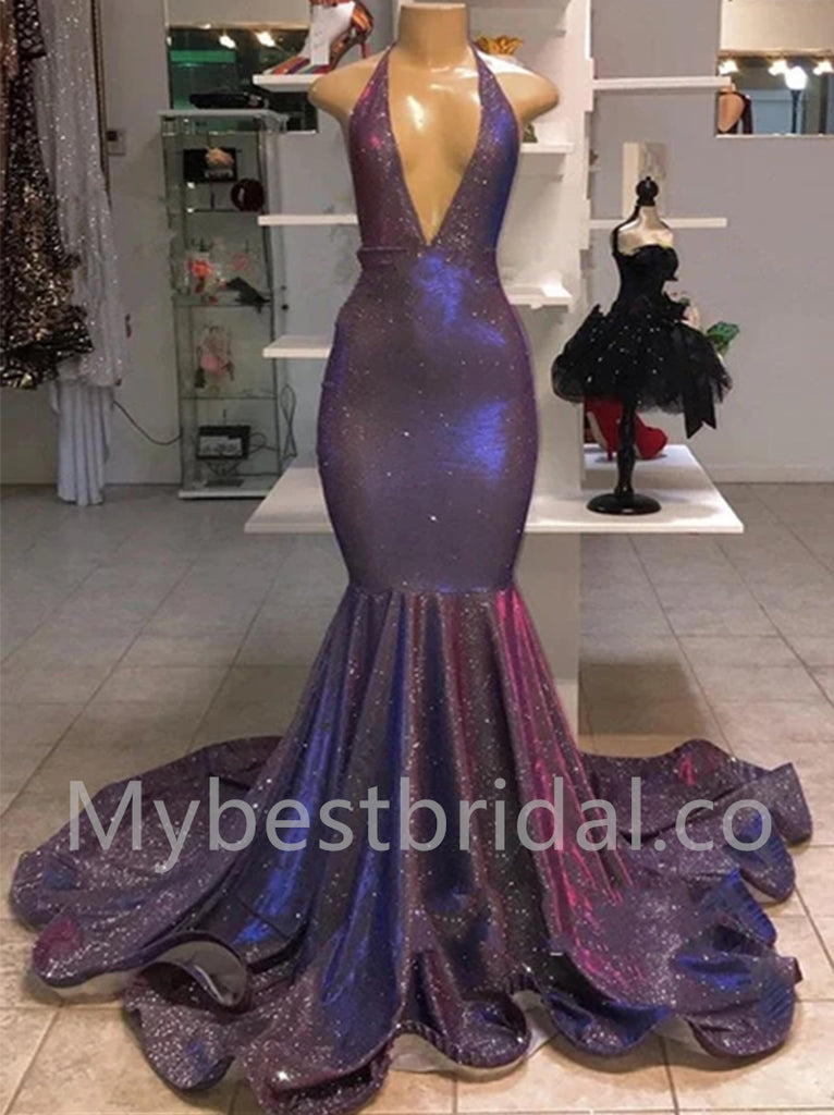 Sexy Deep V-neck Sleeveless Mermaid Prom Dresses, PDS0544