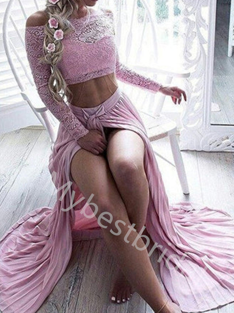 Sexy Long sleeves Side slit Two pieces A-line Prom Dresses,PDS0776