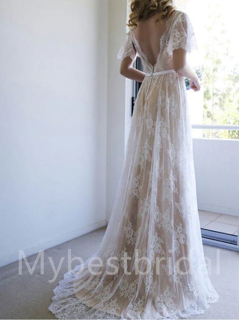 Sexy V-neck Cap-sleeves A-line Lace applique Wedding Dresses,WDY0310