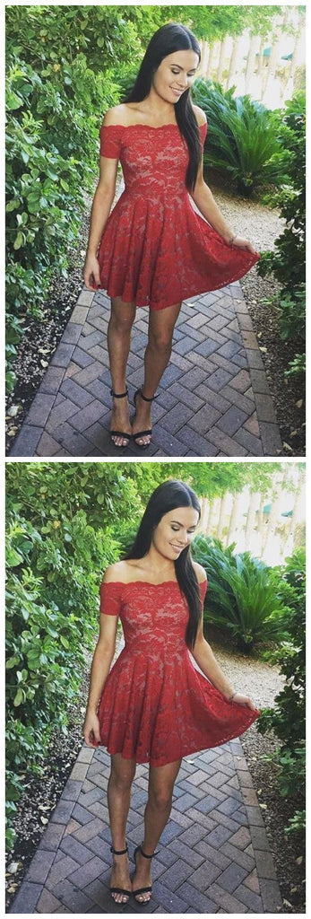 Off Shoulder Red Lace Simple Cheap Short Homecoming Dresses 2018,BDY0289