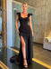 Spaghetti Straps Mermaid Side Slit Black Simple Long Prom Dresses, PDS0229