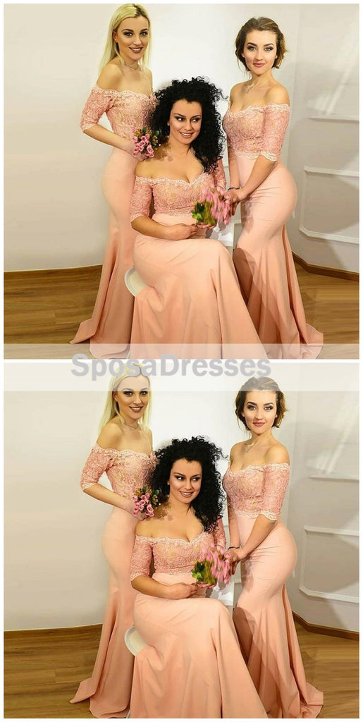 Off Shoulder Long Sleeve Lace Mermaid Long Bridesmaid Dresses, WGY0290