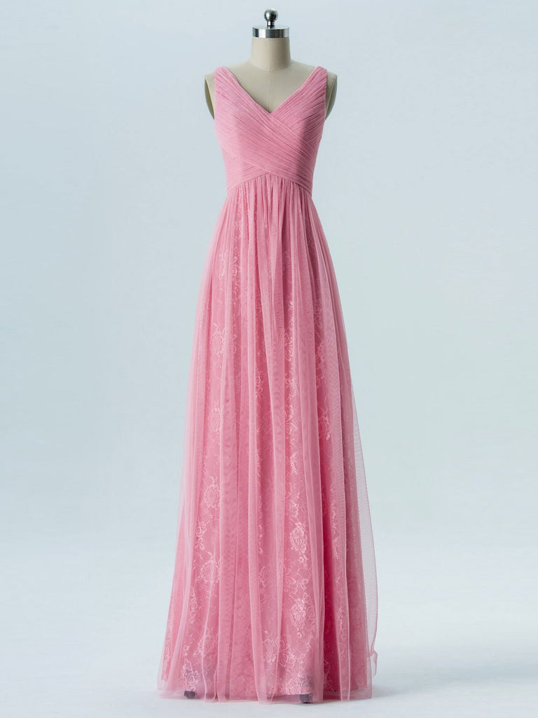 V Neck Pink Lace Cheap Long Bridesmaid Dresses Online, WGY0317