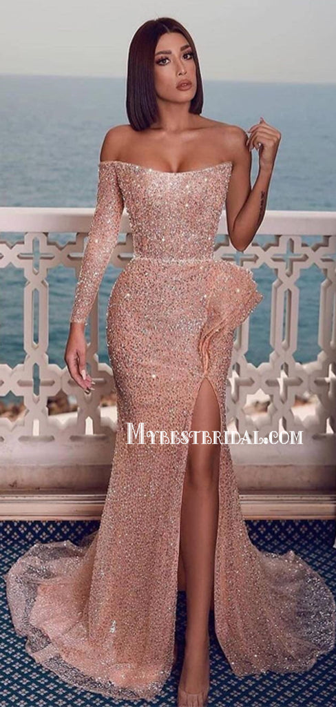 Simple One-shoulder Mermaid Sequin Side Slit Long Prom Dresses Online, PDS0219